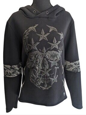 Black Hooded Women's Rock Play Sweatshirt with Foam Textured Skull & Stars SizeM